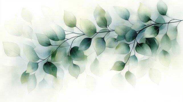 Soft watercolor painting of a branch with green and blue leaves fading into a light background, evoking a calm and peaceful mood