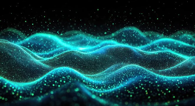 Glowing blue and green waves of particles forming a dynamic, undulating abstract digital landscape against a dark background, evoking a sense of depth and motion