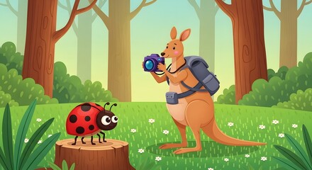 A curious kangaroo photographer captures a ladybug on a tree stump in a vibrant forest, perfect for children's books, educational materials, and nature-themed designs