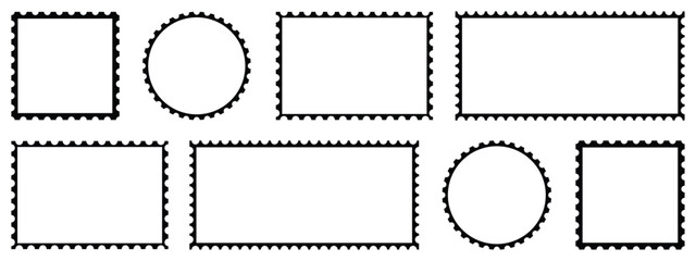 Set of black rectangle and square postage stamp vector icons. Postage stamp set. Mockup postage stamps. Black postage stamp borders templates.
