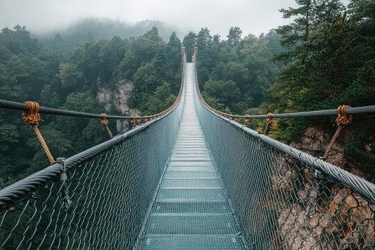 Fototapeta Long narrow suspension bridge made of metal and rope stretching over a deep forested gorge under misty cloudy sky