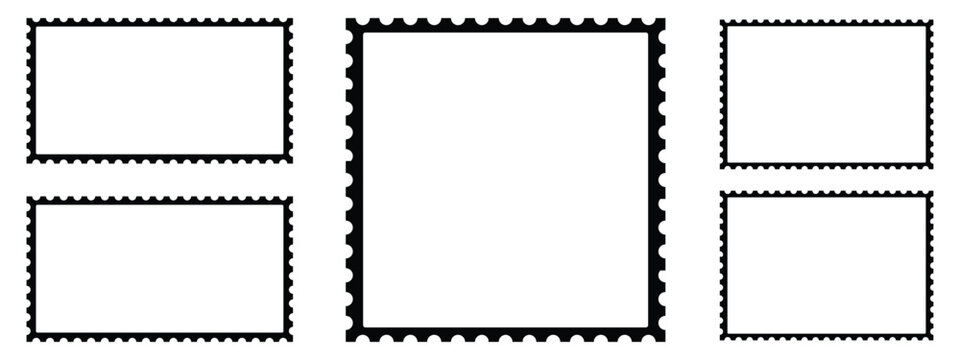 Set of blank rectangle and square postage stamp vector icons. Postage stamp set. Mockup postage stamps. Blank postage stamp borders templates.