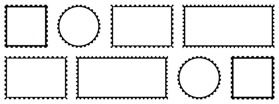 Set of black rectangle and square postage stamp vector icons. Postage stamp set. Mockup postage stamps. Black postage stamp borders templates.