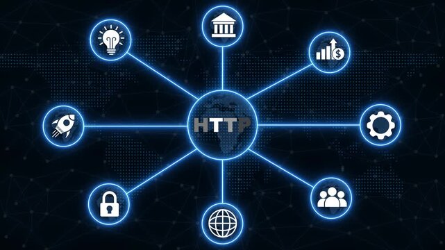 Hypertext Transfer Protocol HTP concept network diagram with global map background Keywords: HTP, Hypertext Transfer Protocol, web, internet, technology, network, diagram, concept