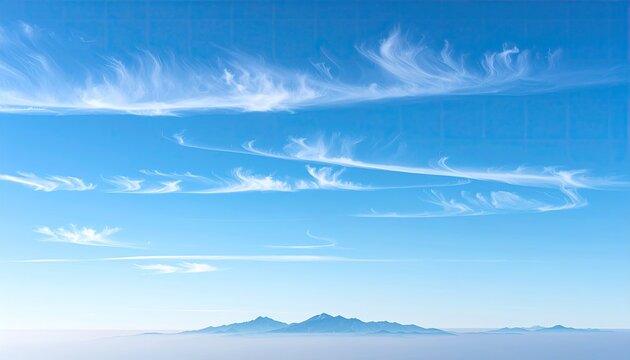 A vast expanse of bright blue sky filled with wispy white clouds above a distant hazy horizon with a silhouetted city skyline emerging from the mist.