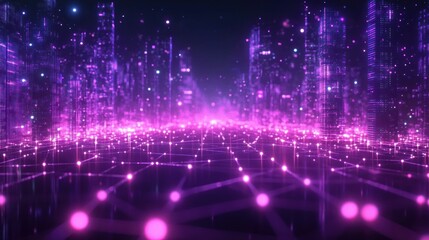Fototapeta premium Glowing futuristic digital cityscape with neon purple lights and interconnected data points creating a vibrant high-tech network atmosphere
