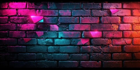 Dark brick wall illuminated by vibrant neon pink, teal, and orange lights with geometric shapes casting shadows