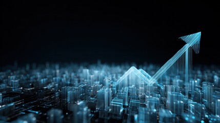 Financial Growth in the City: An abstract depiction of financial growth, visualized through a luminous arrow soaring above a stylized cityscape, representing progress and development.