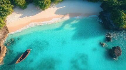 Aerial view of a small wooden boat floating on clear turquoise water near a sandy beach with green trees and scattered rocks, evoking a peaceful tropical vibe