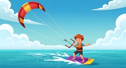 Young boy kitesurfing on a sunny day with blue ocean waves and vibrant sky, enjoying summer fun and adventure