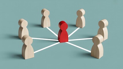 Leadership and teamwork concept red figure connected to multiple wooden figures