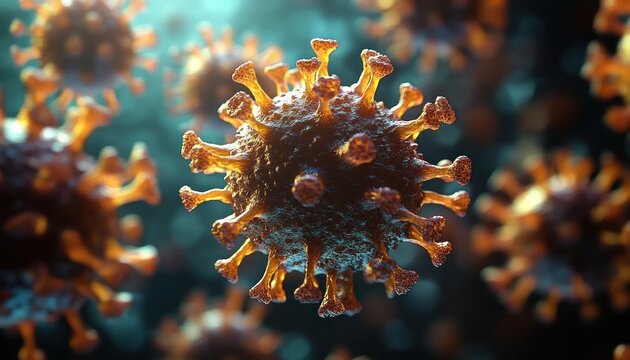 Close-up 3D illustration of multiple virus particles with crown-like spikes under bright lighting in a blue background - Powered by Adobe
