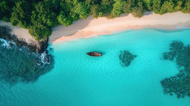 Aerial view of a small boat floating in bright turquoise clear water near a sandy beach lined with dense green trees on a sunny day