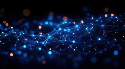 Glowing blue interconnected network nodes and lines forming a complex digital wave structure with soft orange bokeh lights in the background