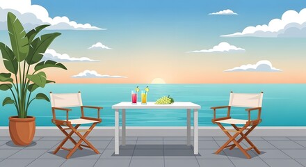 Relaxing outdoor terrace scene with refreshing cocktails, fruit, and comfortable chairs overlooking the ocean at sunset for a tranquil vacation vibe