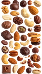 Assortment of nuts and chocolate candies piled high on a stark white background