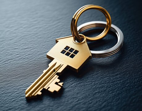 golden house-shaped key attached to a keyring on a textured dark surface symbolizing home ownership and security - Powered by Adobe