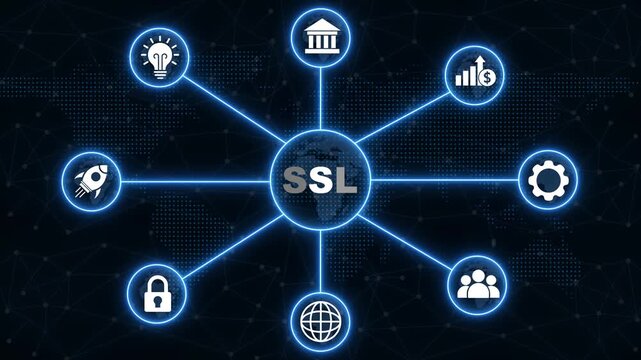 SL security concept diagram with connected icons on a dark world map background encryption connection