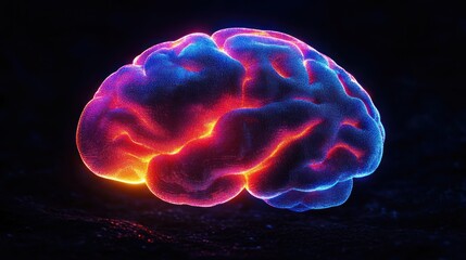Glowing abstract digital illustration of a human brain with vibrant neon colors highlighting different regions against a dark background, evoking thought and intelligence