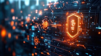 Futuristic digital interface with glowing orange and blue circuit lines forming a shield symbol and data elements in a cyber environment