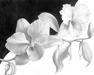 Detailed black and white pencil drawing of two orchid flowers with large petals and elongated leaves on a curved stem against contrasting black and white background