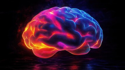 3d digital rendering of a human brain with vibrant glowing neon colors including pink, orange, purple, and blue against a dark background representing neural activity or brain function