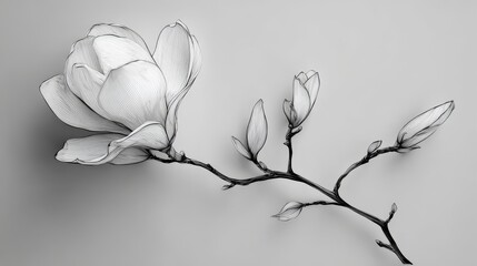 Delicate grayscale sketch of a magnolia branch with a fully bloomed flower and several buds, against a soft gradient