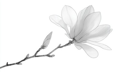 Elegant grayscale illustration of a blooming magnolia flower with a bud. Delicate lines depict petals and stem