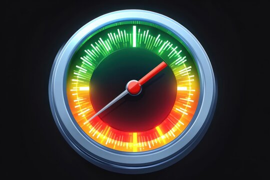 Close-up of a circular speedometer gauge with a needle pointing toward the green zone, surrounded by multicolored orange, yellow, and green indicator bars emitting a glowing effect