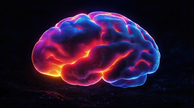 Glowing abstract digital illustration of a human brain with vibrant neon colors highlighting different regions against a dark background, evoking thought and intelligence - Powered by Adobe