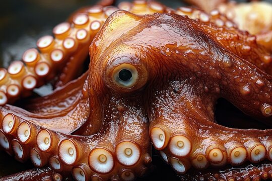 close-up of a wet brown octopus with textured skin and suction cups prominently visible on its curled tentacles