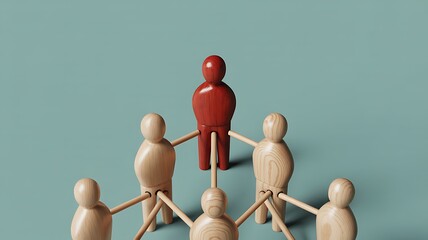 Distinctive red figure leading a cohesive team of wooden individuals in an organized structure