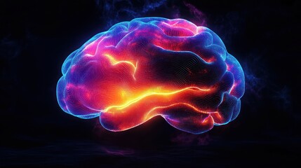 Glowing digital brain illustration with vibrant neon blue and fiery orange colors highlighting neural pathways against a dark background
