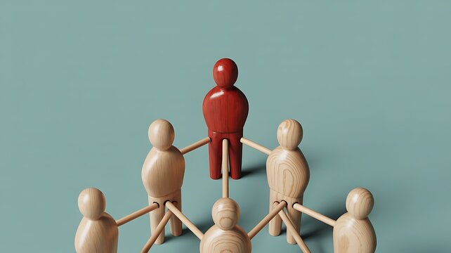 Distinctive red figure leading a cohesive team of wooden individuals in an organized structure