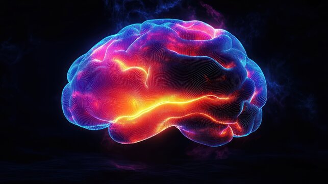Glowing digital brain illustration with vibrant neon blue and fiery orange colors highlighting neural pathways against a dark background - Powered by Adobe