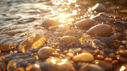 A clear stream flows over amber pebbles under a golden sunlight streak, glowing in an emerald to honey gradient that evokes peace, purity, and natural harmony.
