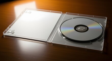 An open transparent jewel case holding a blank compact disc on a polished wooden surface, representing digital data storage and media
