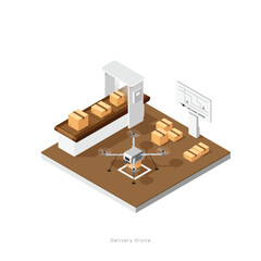 Drone delivery service logistics solution in modern warehouse, remote and fast shipping express, air transportation innovation. Logistic isometric vector illustration