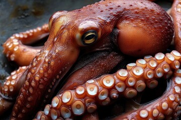 close-up of a brown octopus showing detailed tentacles and suckers with textured skin and a large eye