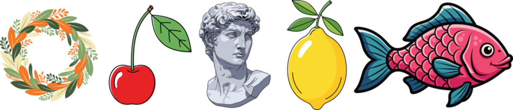 Eclectic Pop Art Collection: Wreath, Cherry, David Bust, Lemon, and Cartoon Fish Set
