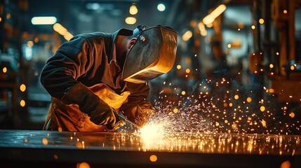 Worker engaged in welding metal with protective gear in an industrial workshop amidst bright sparks flying around