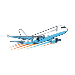 Illustration of a blue and white airplane soaring through the sky with orange and blue motion trails.
