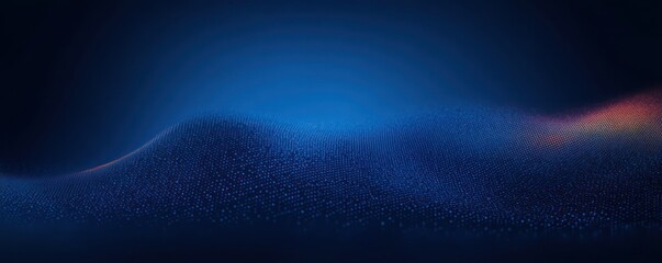 Abstract digital landscape with flowing wave patterns formed by glowing blue and orange dots on a dark background, evoking a sense of depth and motion