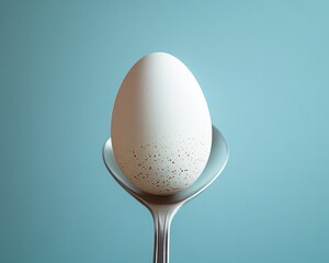 close-up of a white speckled egg balanced on a shiny metallic spoon against a soft blue background conveying simplicity and calmness