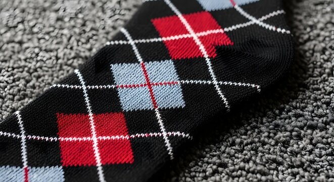 Close-up view of a classic black argyle sock featuring a stylish red and light blue diamond pattern, resting on a textured grey surface