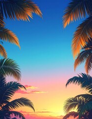 Sunlight filters through palm leaves on a clear day near the ocean with fluffy clouds in the background