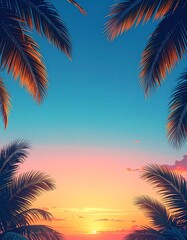 Sunlight filters through palm leaves on a clear day near the ocean with fluffy clouds in the background