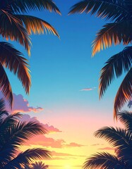 Sunlight filters through palm leaves on a clear day near the ocean with fluffy clouds in the background