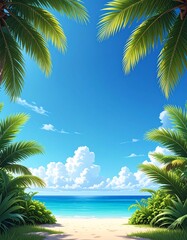 Sunlight filters through palm leaves on a clear day near the ocean with fluffy clouds in the background