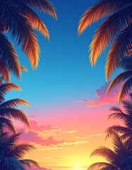 Sunlight filters through palm leaves on a clear day near the ocean with fluffy clouds in the background